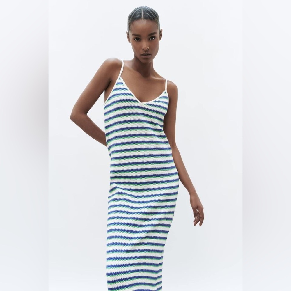 Zara Blue and Green Striped Midi Dress